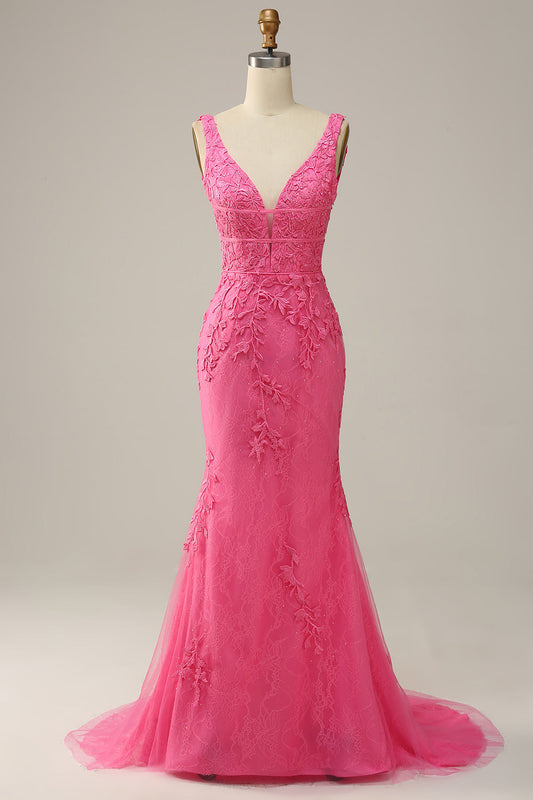 Hot Pink Appliques Plunging V Neck Mermaid Long Prom Dress