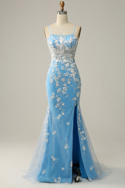 Sky Blue Straps Mermaid Appliques Cut-Out Long Prom Dress with Slit