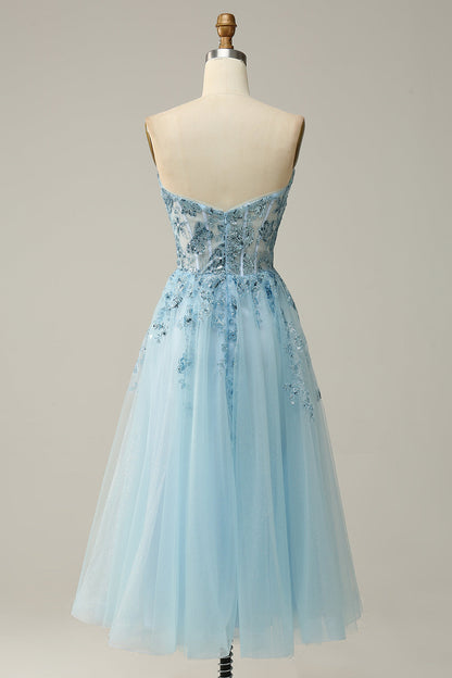 Light Blue Strapless Plunging V Neck Sequin-Embroidered Tea-Length Prom Dress