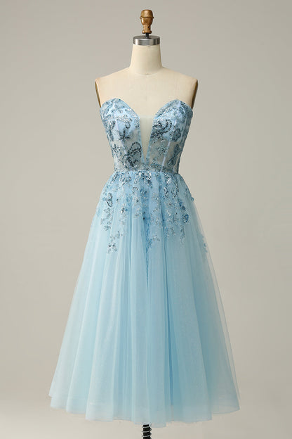 Light Blue Strapless Plunging V Neck Sequin-Embroidered Tea-Length Prom Dress