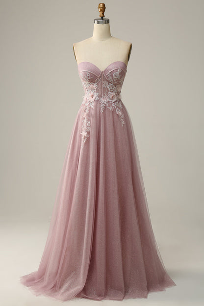 Blush Pink Strapless Sweetheart Appliques A-line Long Prom Dress