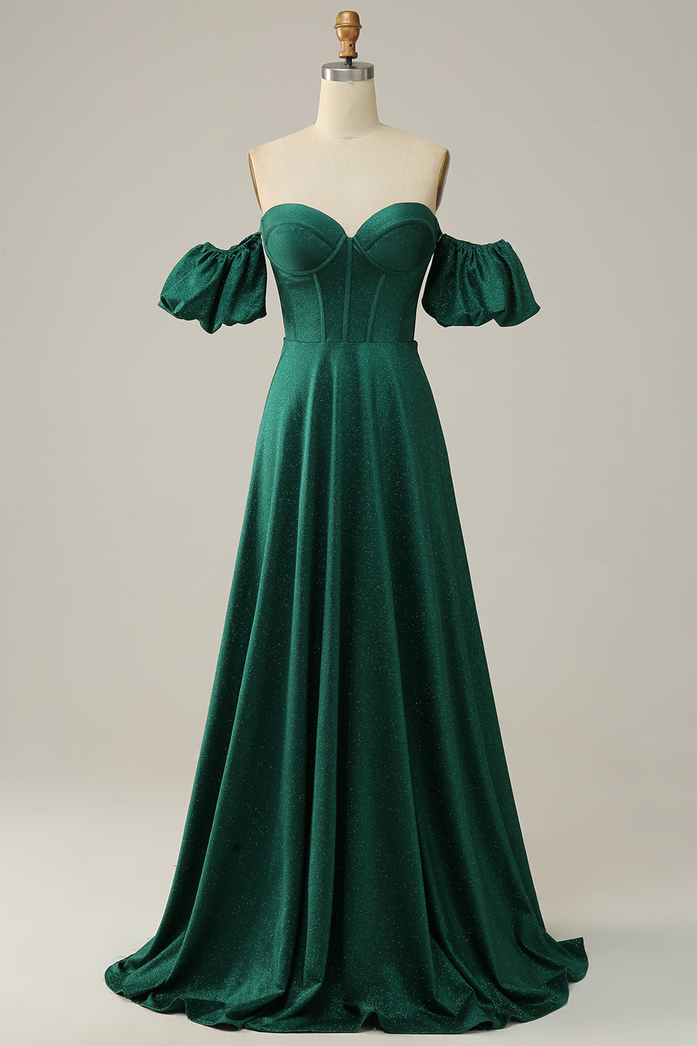 Sparkly Hunter Green Off-the-Shoulder Puff Sleeves A-line Long Prom Dress