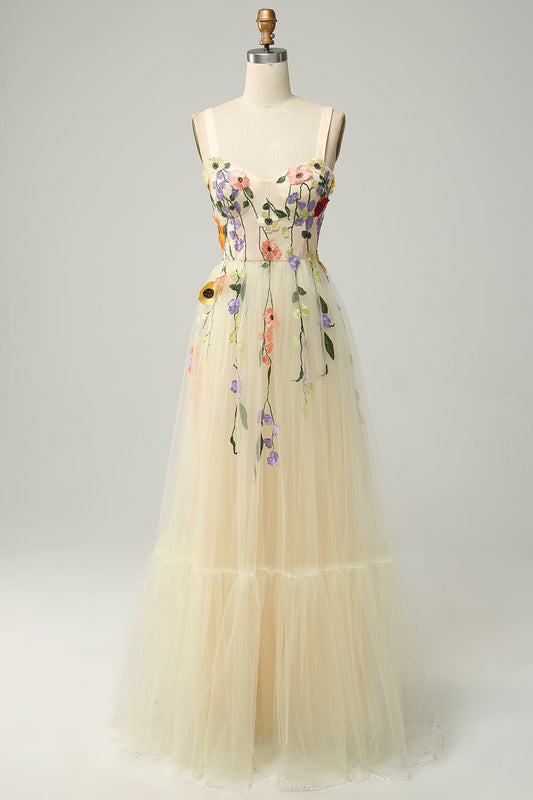 Light Yellow A-line Appliques Tulle Long Prom Dress