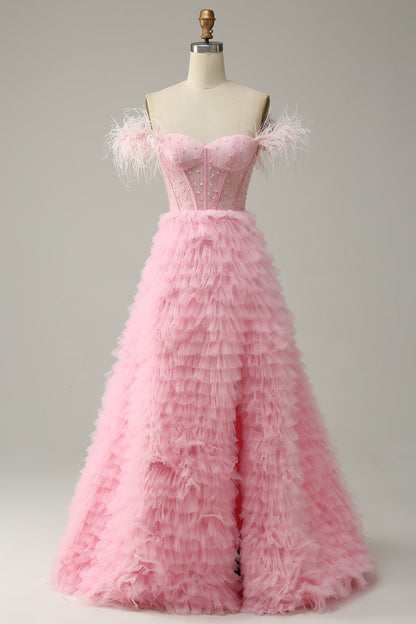 Pink Off-the-Shoulder Feathers Beaded A-line Ruffles Long Prom Dress with Slit