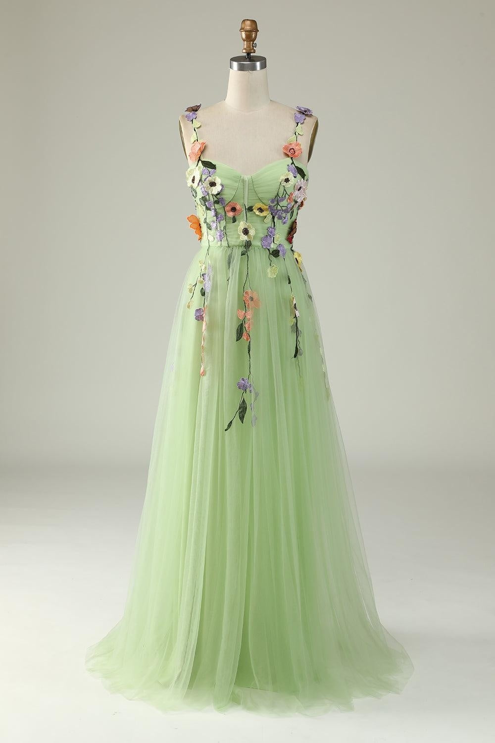 Lavender Flower Straps Appliques A-line Tulle Long Prom Dress