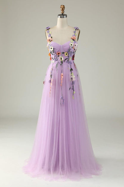 Lavender Flower Straps Appliques A-line Tulle Long Prom Dress