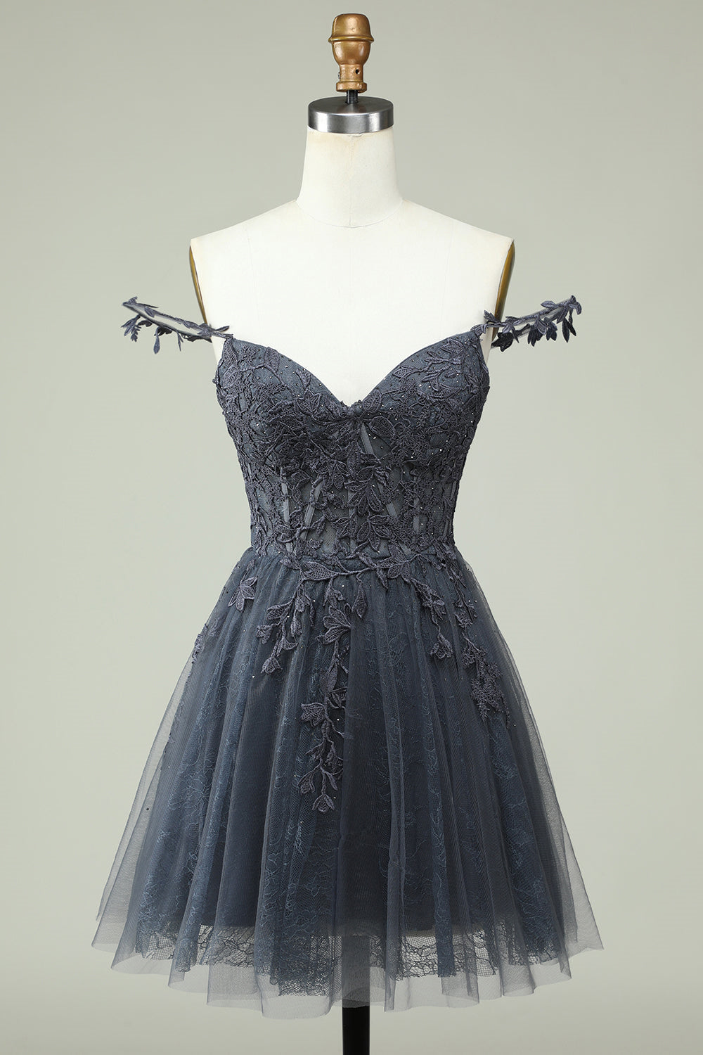 Dark Navy A-line Flower Straps Appliques Tulle Homecoming Dress