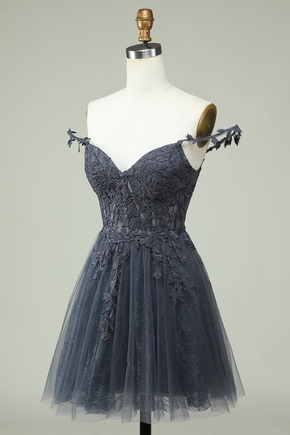 Dark Navy A-line Flower Straps Appliques Tulle Homecoming Dress