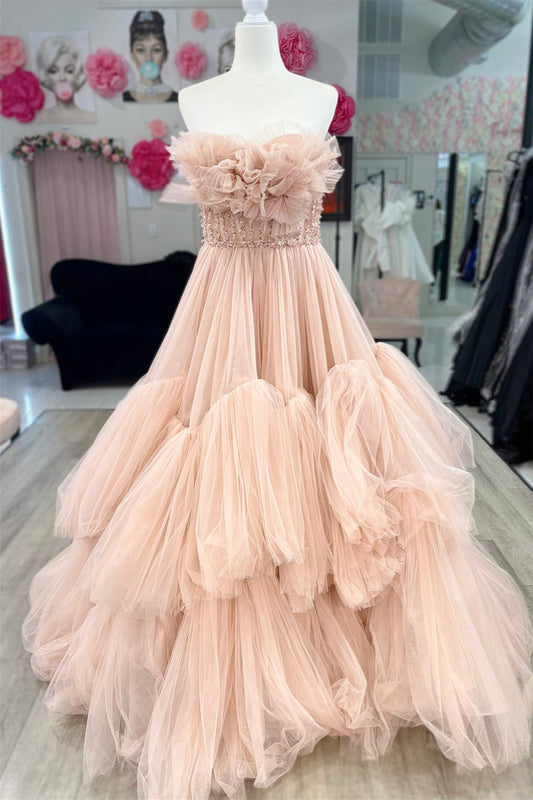 Strapless Ruffled Beaded Layers Tulle Long Prom Dress