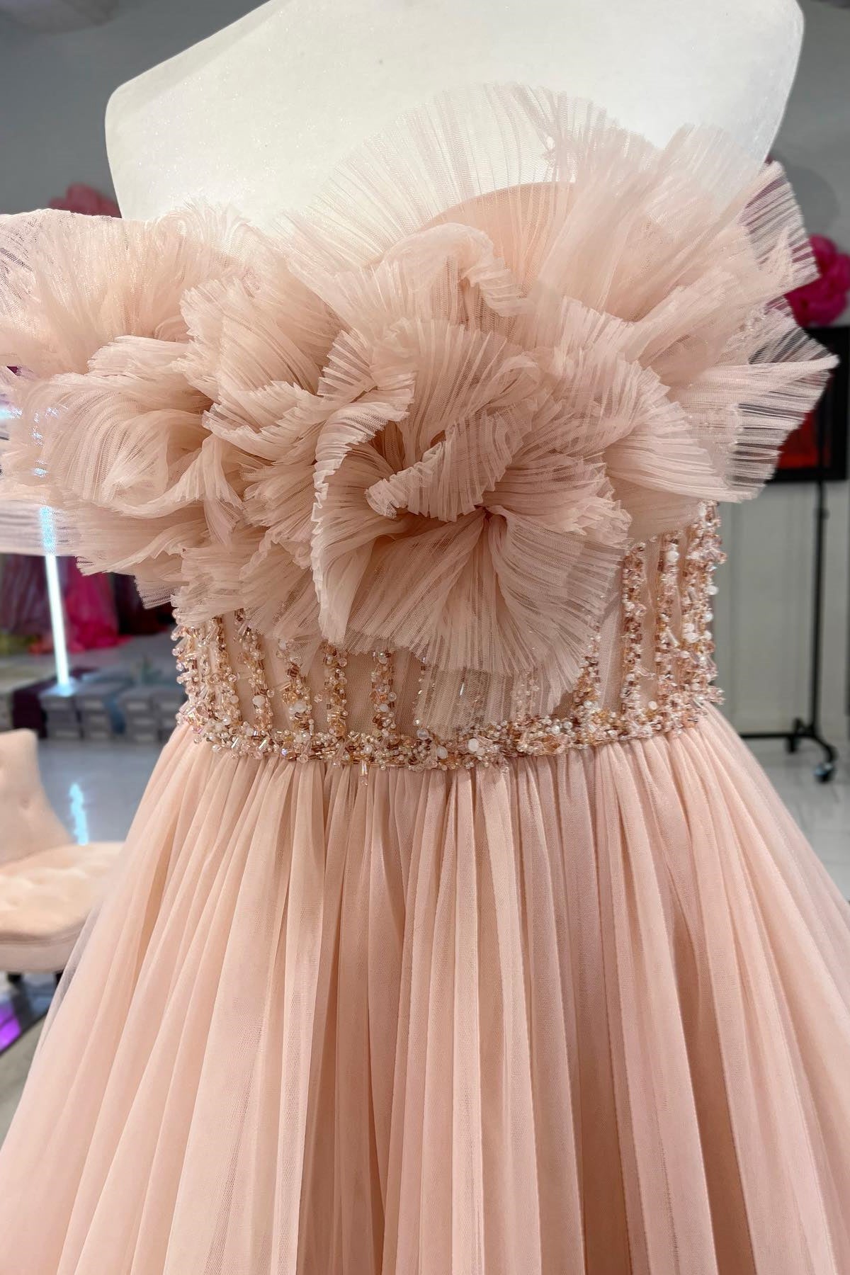 Strapless Ruffled Beaded Layers Tulle Long Prom Dress