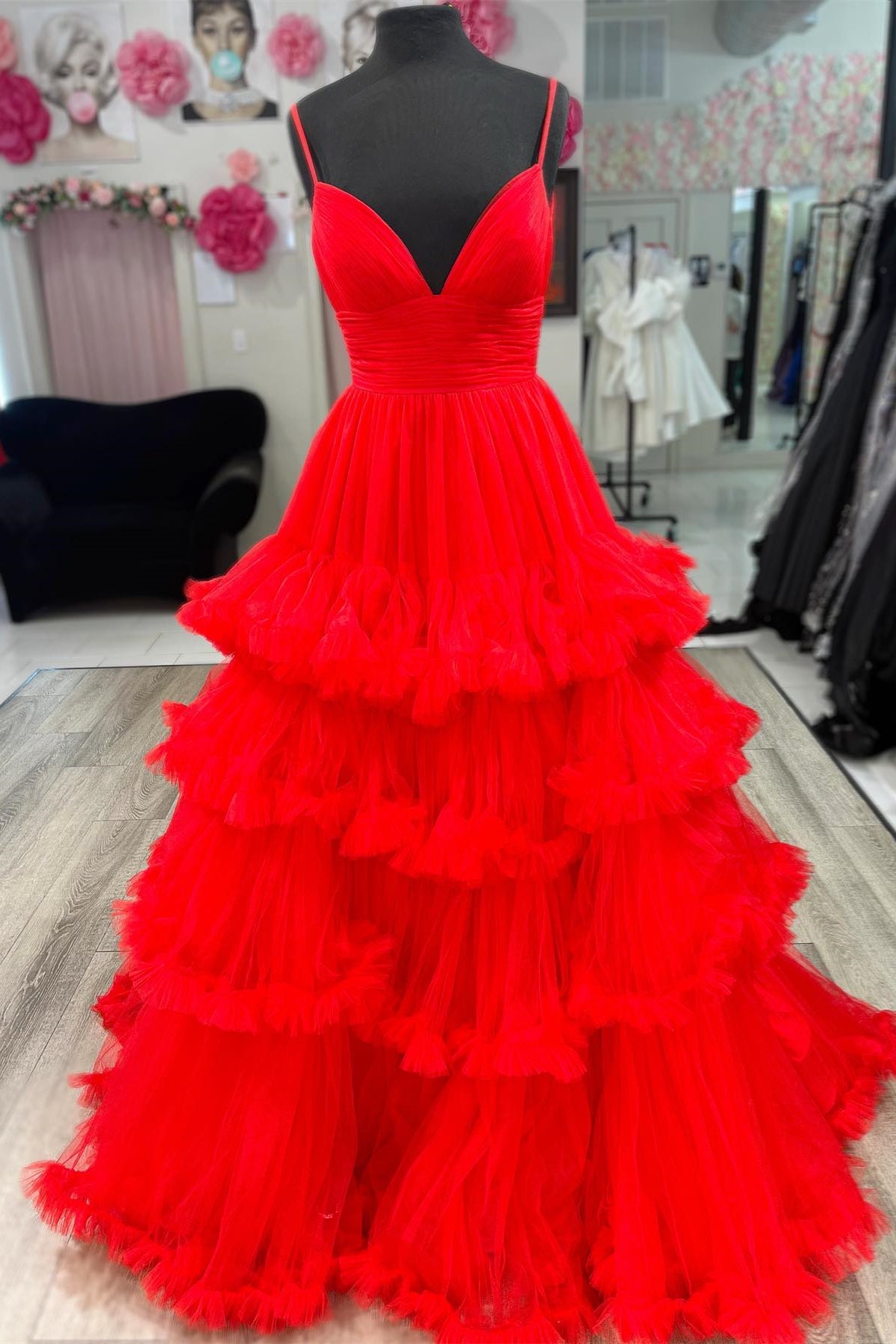 Red Ruffle Layers A-line Spaghetti Straps Deep V Long Prom Dress