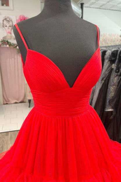 Red Ruffle Layers A-line Spaghetti Straps Deep V Long Prom Dress