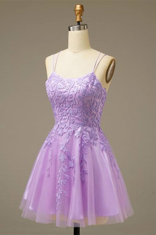 Lilac A-line Lace-Up Back Applique Tulle Mini Homecoming Dress