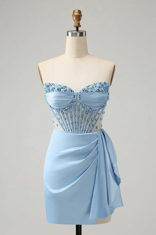 Sparkly Blue Bodycon Corset Homecoming Dress with Beading Sweetheart Cocktail