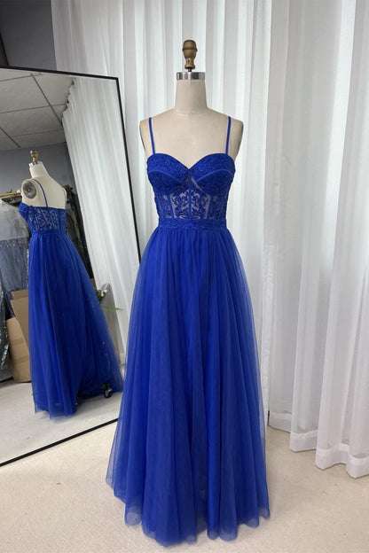 Royal Blue Straps Appliques A-line Tulle Long Prom Dress