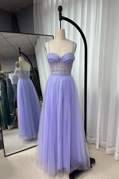 Royal Blue Straps Appliques A-line Tulle Long Prom Dress