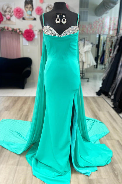 Green Spaghetti Straps Beaded Mermaid Long Prom Dress with Slit