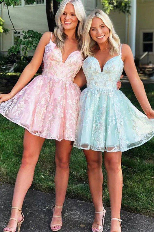 A-line Spaghetti Straps Short Lace Short Homecoming Dress