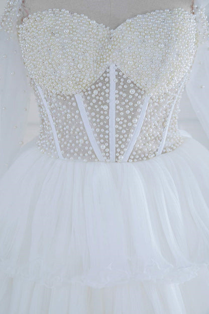 White Off-Shoulder Pearl Beaded Layers Long Prom Dress