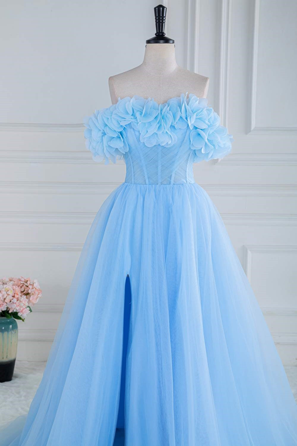 Light Blue Flowers Off-Shoulder A-line Long Prom Dress with Slit