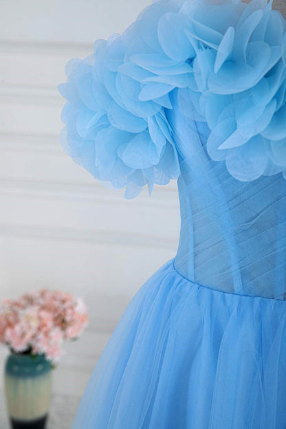 Light Blue Flowers Off-Shoulder A-line Long Prom Dress with Slit