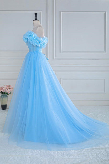 Light Blue Flowers Off-Shoulder A-line Long Prom Dress with Slit