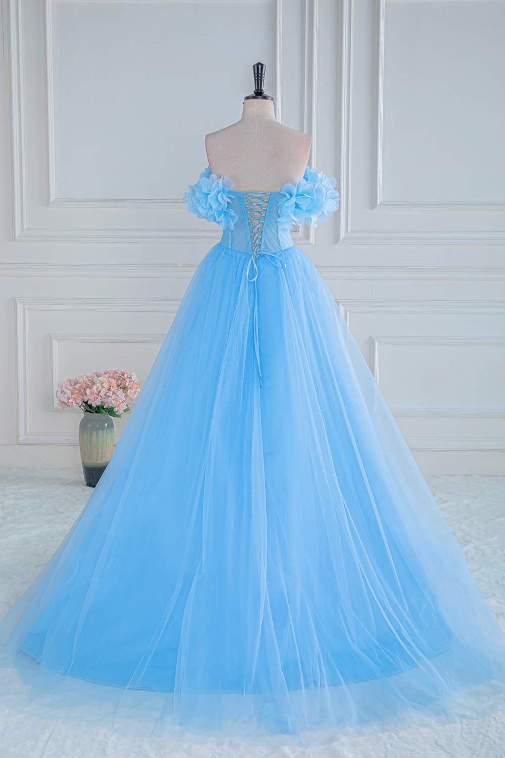 Light Blue Flowers Off-Shoulder A-line Long Prom Dress with Slit