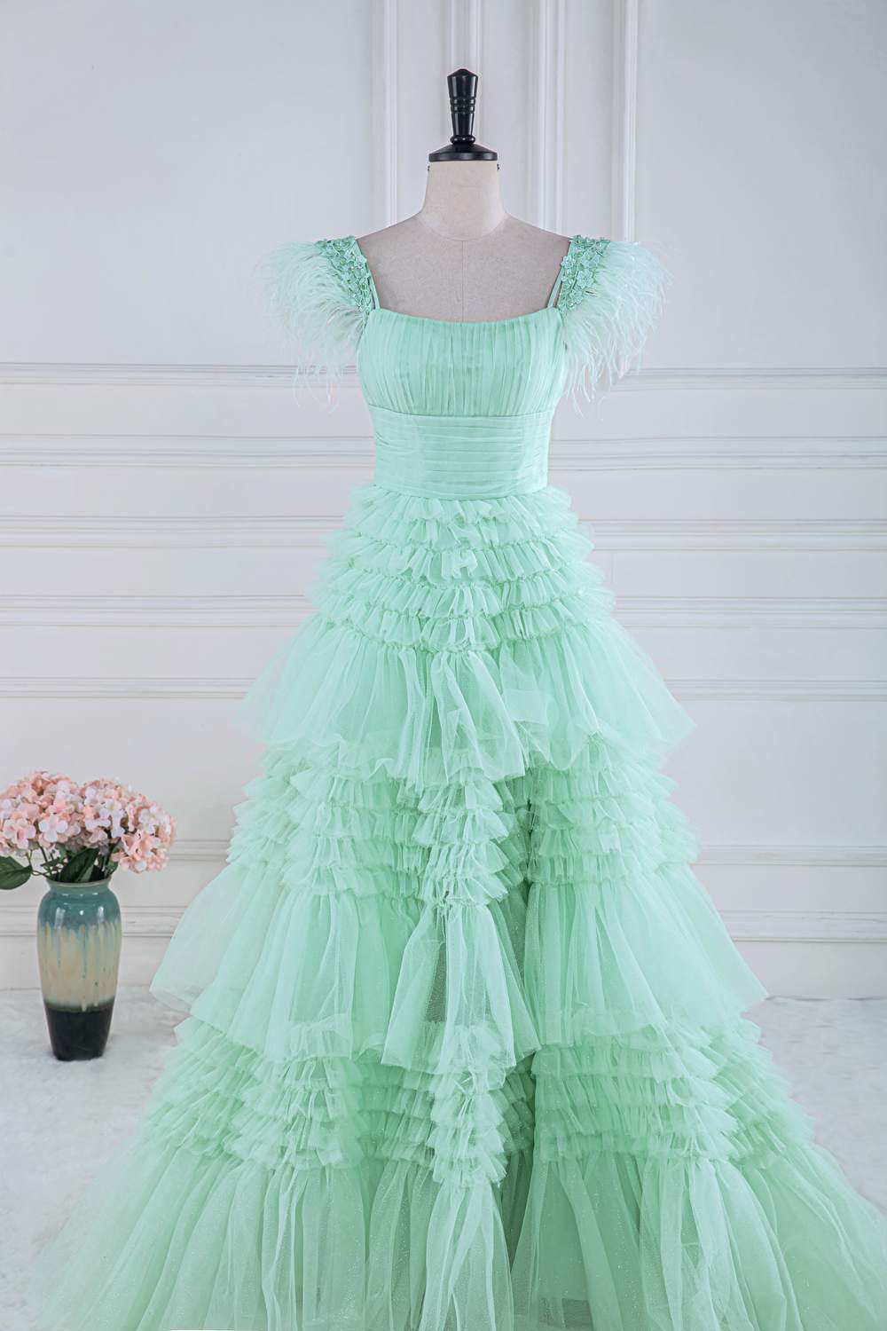 Mint Green A-line Layers Long Prom Dress with Feather