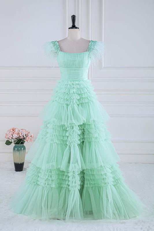 Mint Green A-line Layers Long Prom Dress with Feather