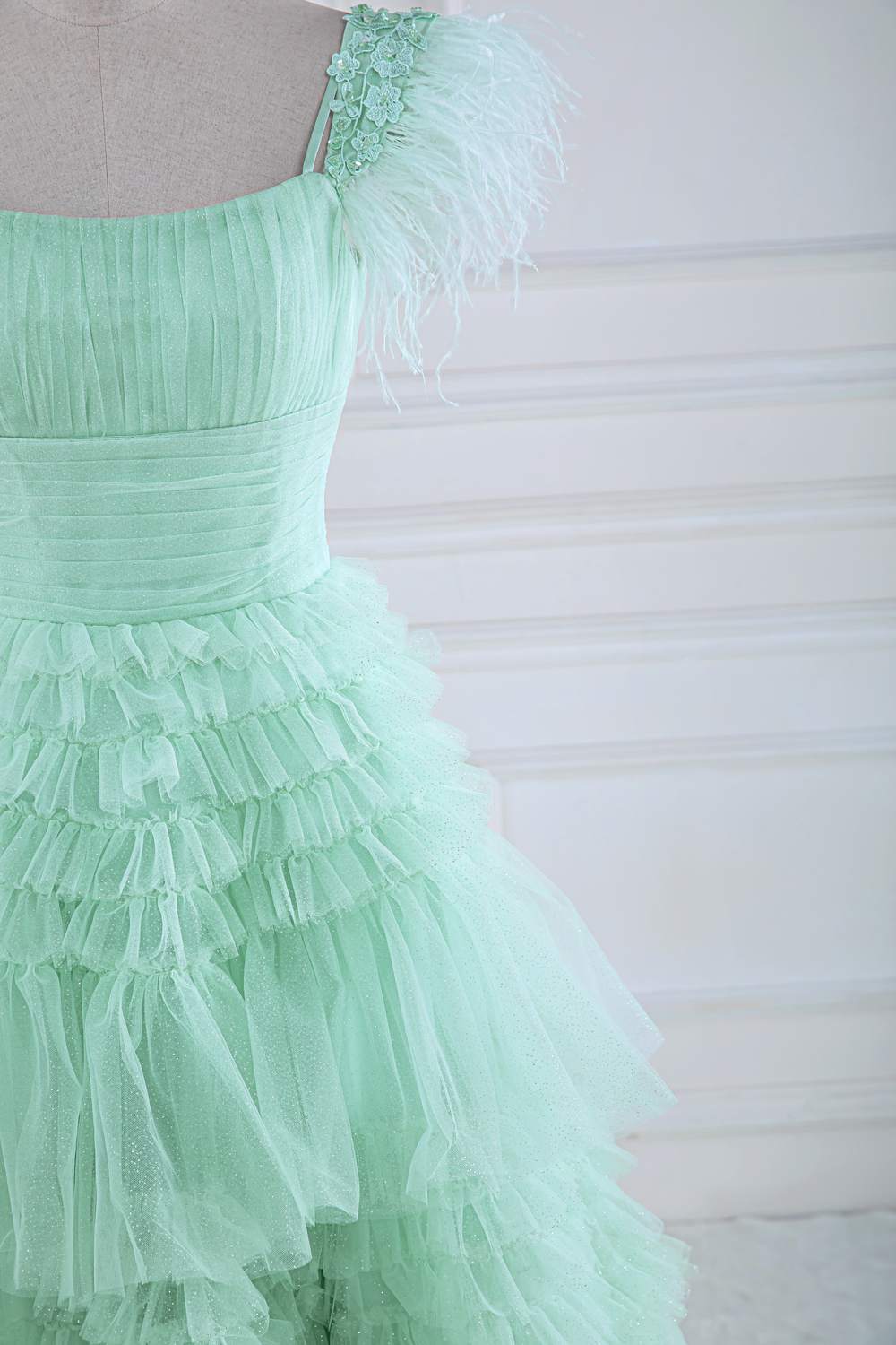 Mint Green A-line Layers Long Prom Dress with Feather