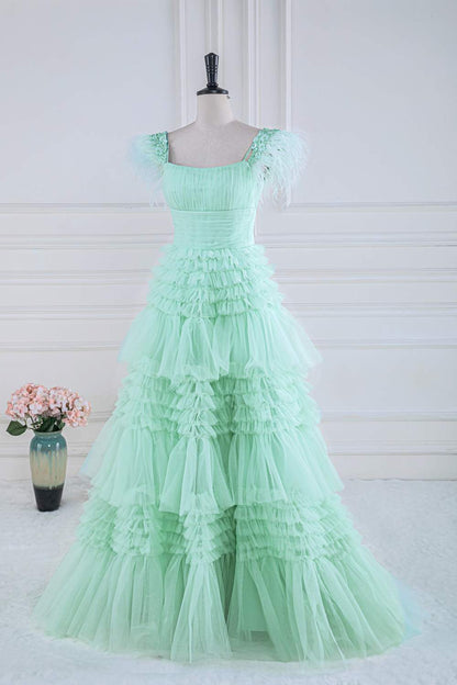 Mint Green A-line Layers Long Prom Dress with Feather