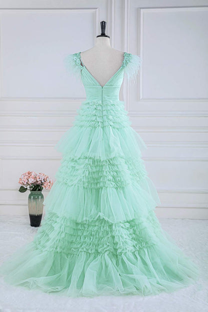 Mint Green A-line Layers Long Prom Dress with Feather