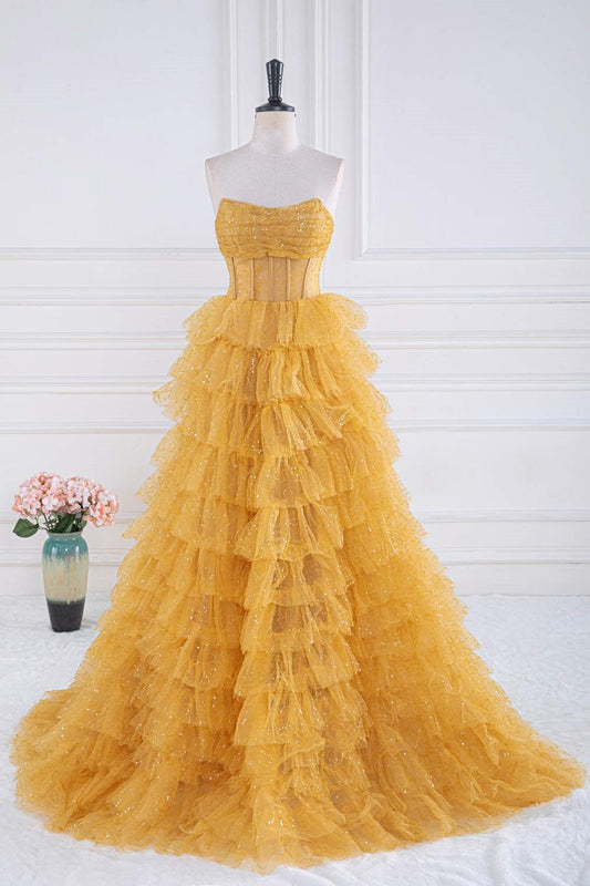 Yellow Sequined Strapless Layers A-line Long Prom Dress