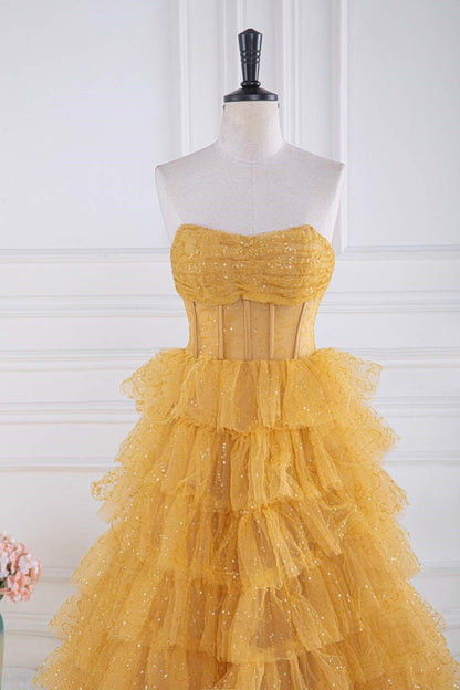 Yellow Sequined Strapless Layers A-line Long Prom Dress