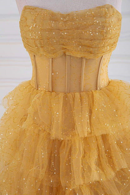 Yellow Sequined Strapless Layers A-line Long Prom Dress