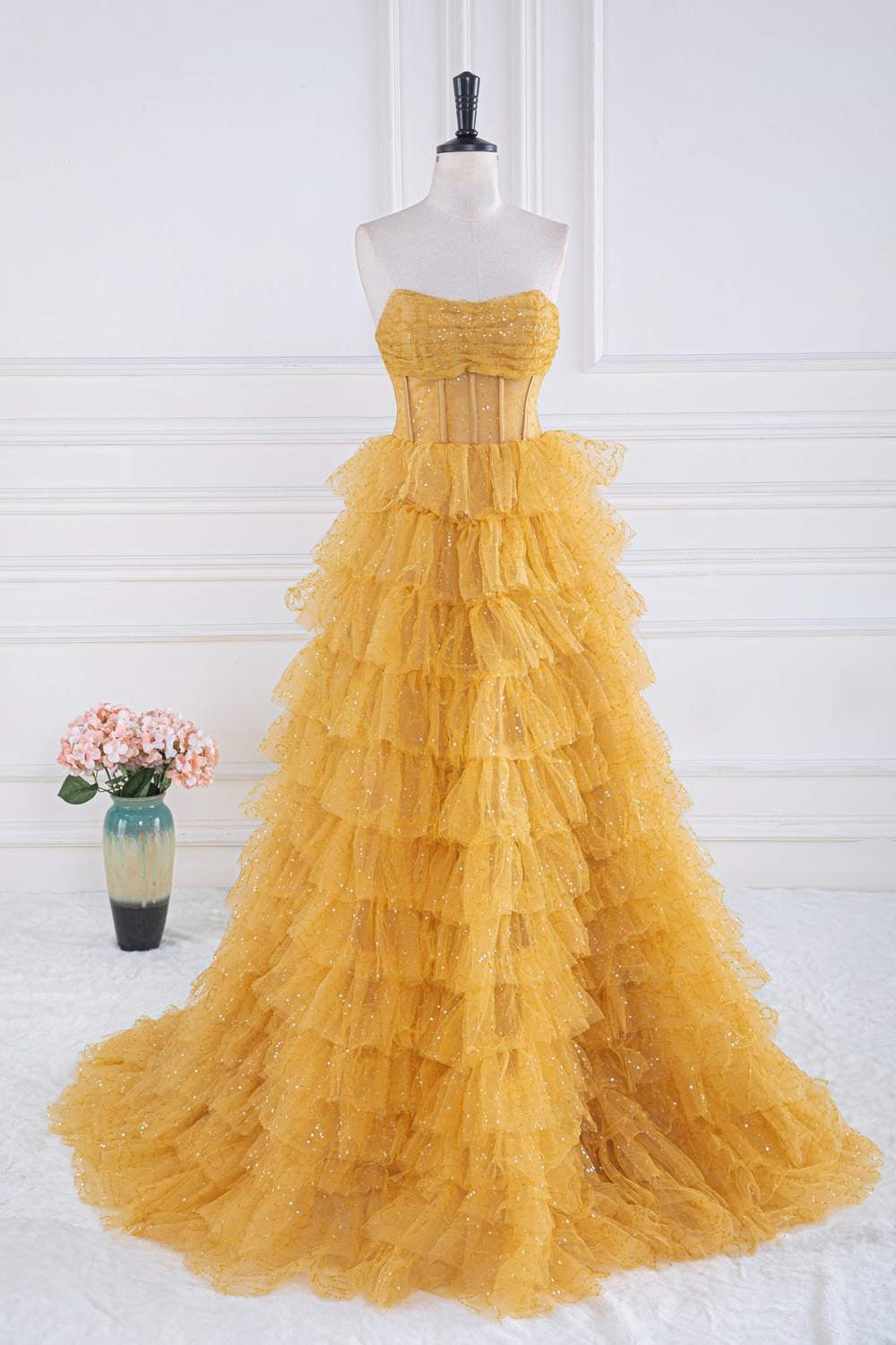 Yellow Sequined Strapless Layers A-line Long Prom Dress