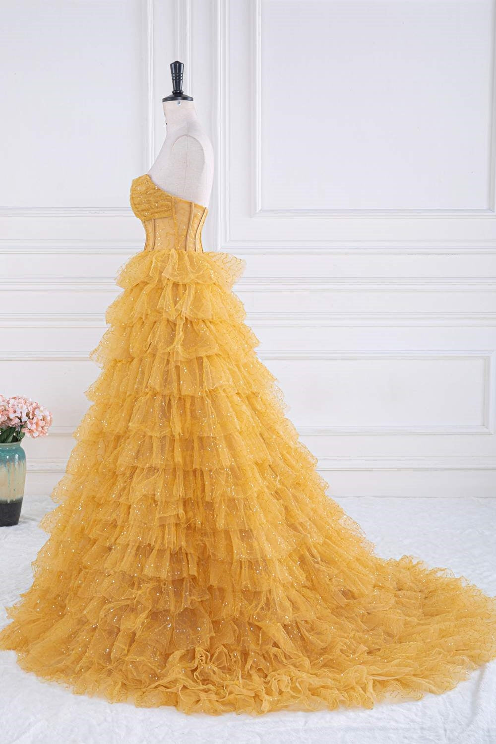 Yellow Sequined Strapless Layers A-line Long Prom Dress