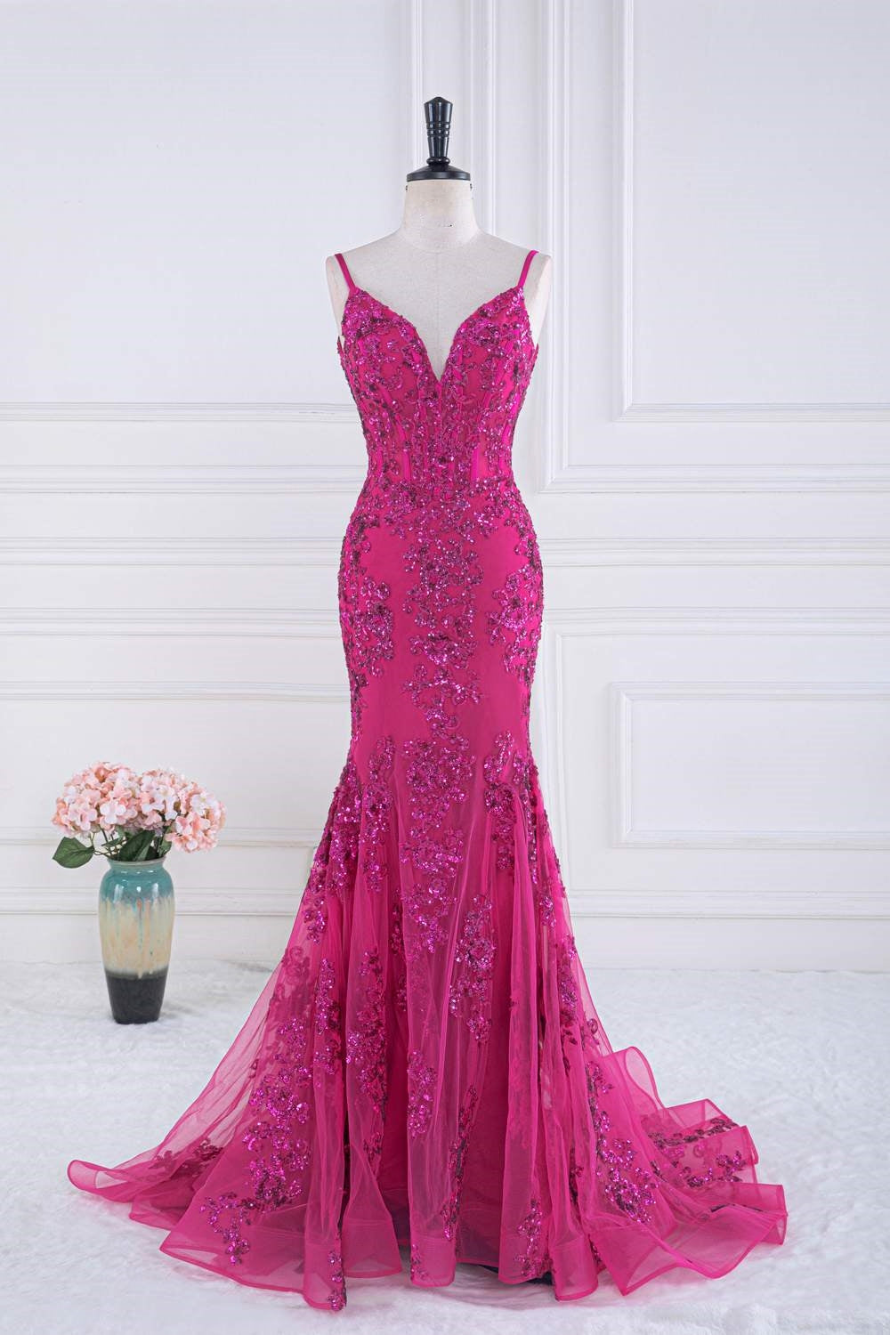 Fuchsia V Neck Sequined Mermaid Slip Long Prom Dress