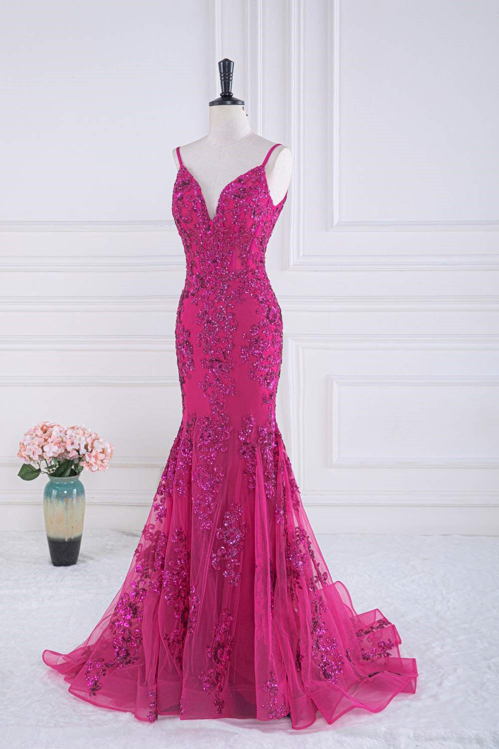 Fuchsia V Neck Sequined Mermaid Slip Long Prom Dress