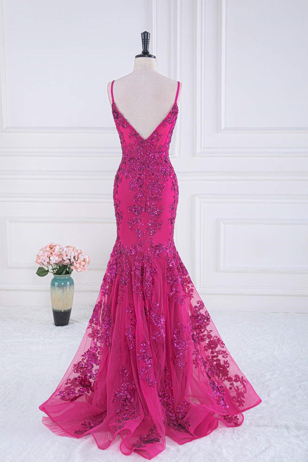 Fuchsia V Neck Sequined Mermaid Slip Long Prom Dress