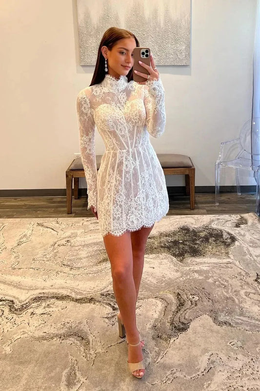 White Lace High Neck Long Sleeves Short Homecoming Dress