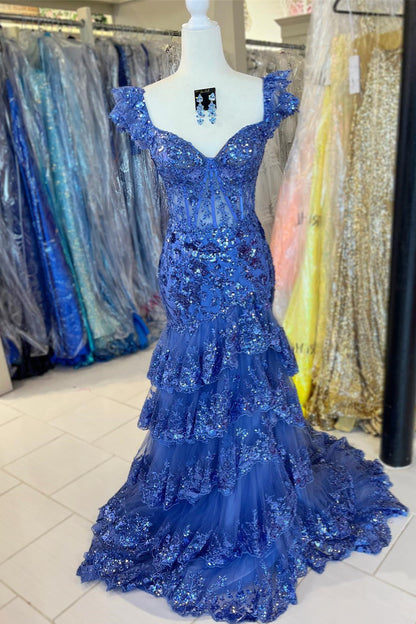 Blue Sequined Mermaid Layers Flutter Sleeves Long Prom Dress with Slit