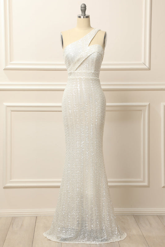 Mermaid One Shoulder White Sequins Long Prom Dress