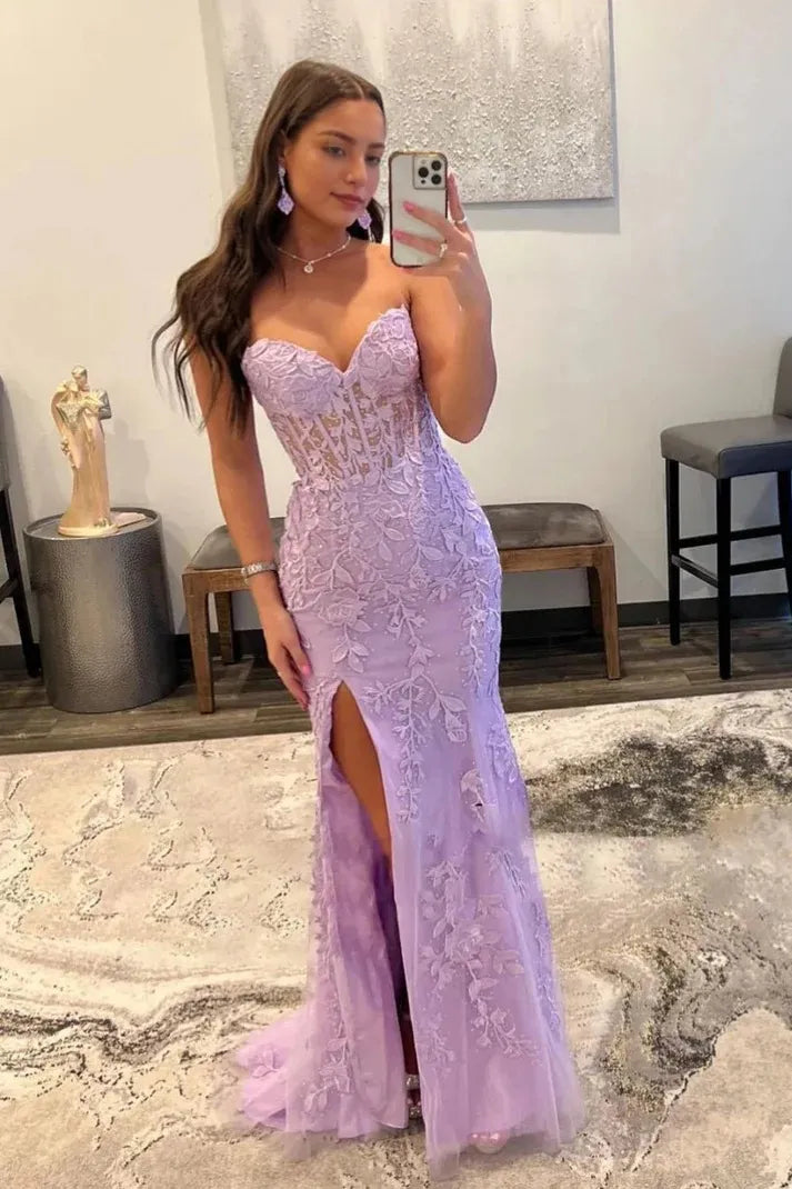 Sheath Sweetheart Purple Corset Prom Dress with Slit