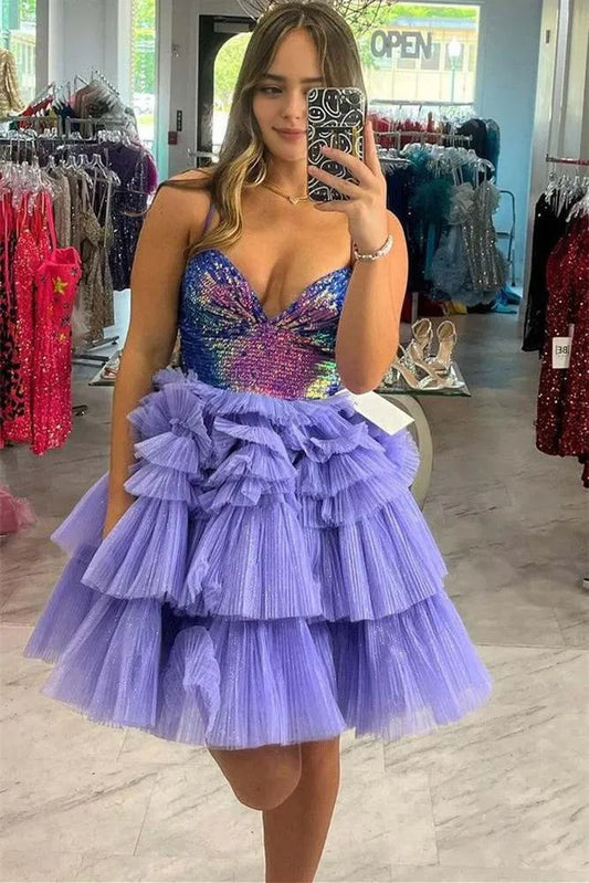 Lavender Sequin V-Neck Homecoming Dresses, Tiered Short Prom Dress