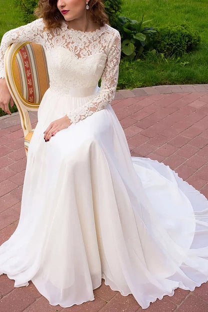 White Long Sleeves Lace and Chiffon Wedding Dress