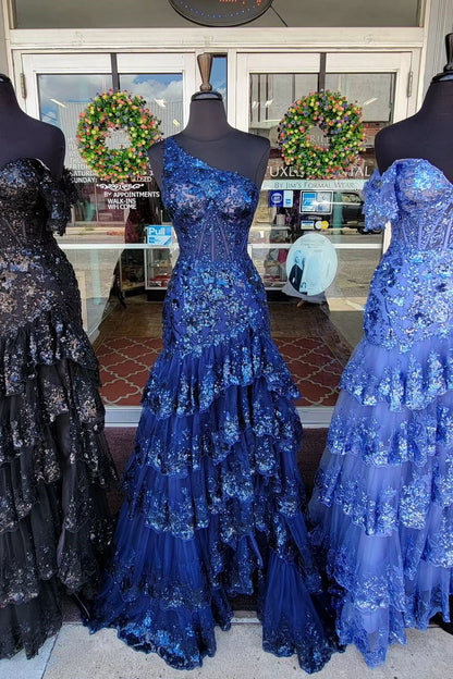 Blue Sequined Mermaid Layers Flutter Sleeves Long Prom Dress with Slit