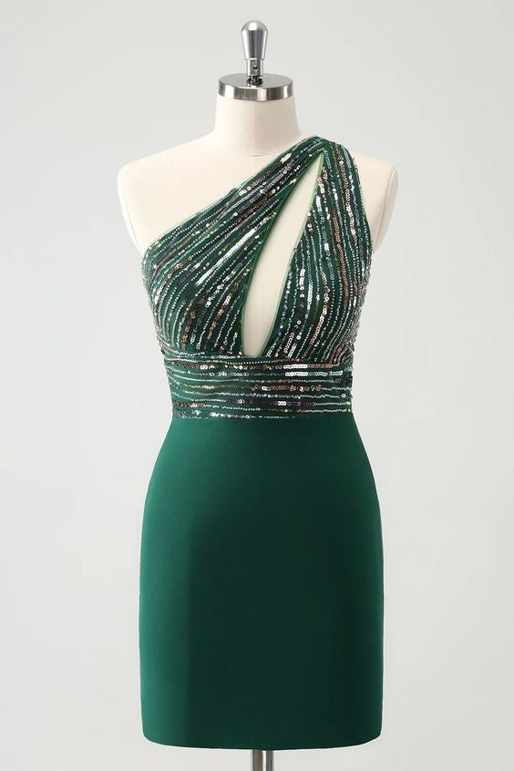 Sparkly Dark Green Bodycon One Shoulder Pleated Short Homecoming Dress with Sequins