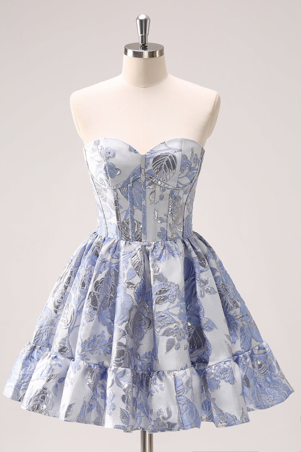 Blue Strapless Flower Printed A-Line Corset Short Homecoming Dress With Ruffles