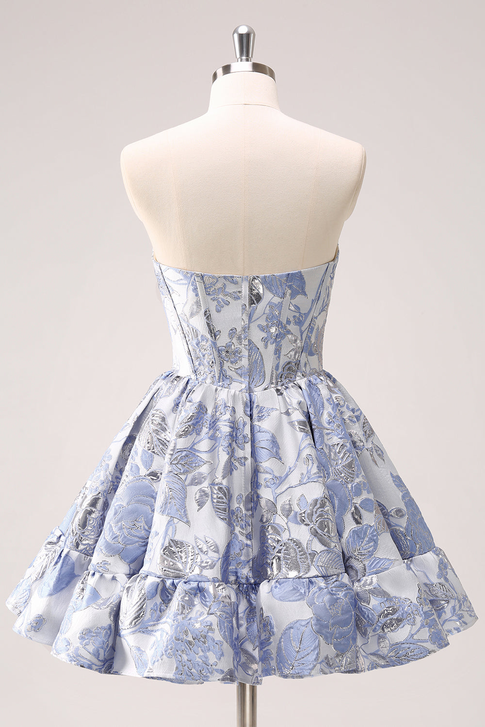 Blue Strapless Flower Printed A-Line Corset Short Homecoming Dress With Ruffles